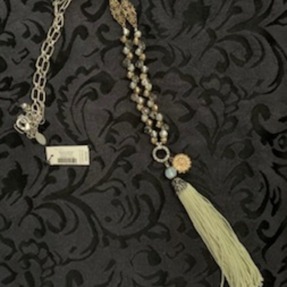 Tassel Necklace - silver embellished with beads  & ivory tassel